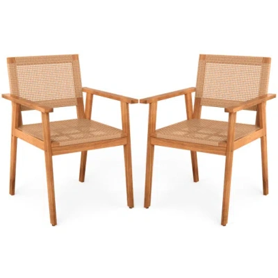 Costway Acacia Wood Outdoor Dining Chairs Set Of 2 Pe Rattan Patio Chairs With Backrests And Armrests In Multi