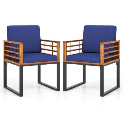 Costway Acacia Wood Outdoor Dining Chairs Set Of 2 With Soft Cushions-navy In Blue