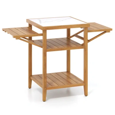 Costway Acacia Wood Outdoor Grill Table With Faux Marble Top And Drop-leaf Side Panels In Brown