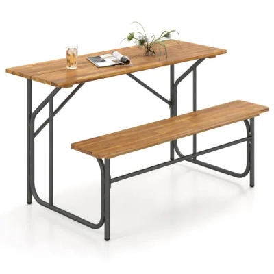 Costway Acacia Wood Patio Table Bench For 2 People One-side Picnic Table In Brown