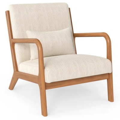 Costway Accent Chair Corduroy Upholstered Lounge Chair With Lumbar Pillow-beige In Brown