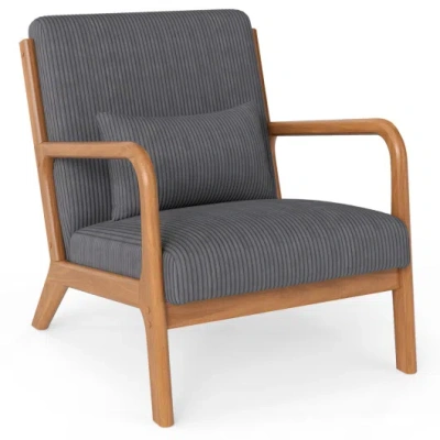 Costway Accent Chair Corduroy Upholstered Lounge Chair With Lumbar Pillow-gray In Brown