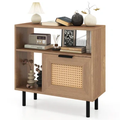 Costway Accent Side End Table With Storage Shelf And Cabinet For Small Space-natural In Brown