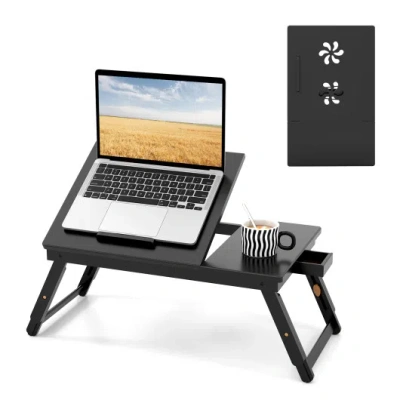 Costway Adjustable Bamboo Laptop Desk With Tilting Top And Drawer-brown In Black