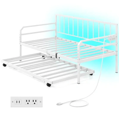 Costway Adjustable Metal Twin Size Daybed With Charging Station And Led Light-white
