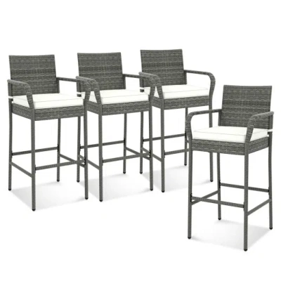 Costway All Weather Pe Rattan Bar Chairs Set Of 4 With Armrests And Seat Cushions For Porch Backyard In Multi