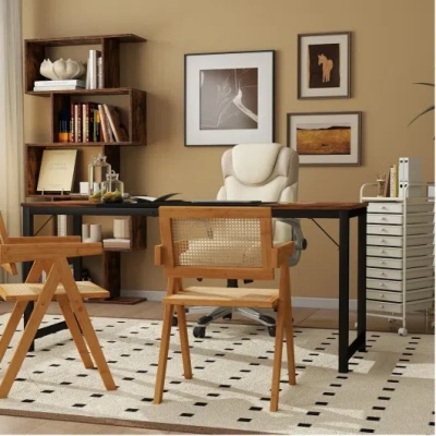 Costway All-in-one Home Office Furniture Bundle - Ergonomic Chair, Spacious Desk, Multi-drawer Cart, Bookshe In Brown