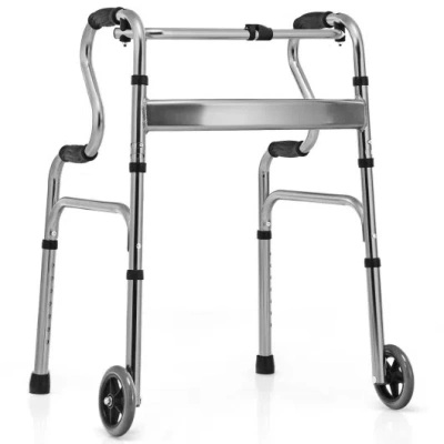 Costway Aluminum Heavy-duty Folding Wheeled Stand-assist Walker-gray In Silver