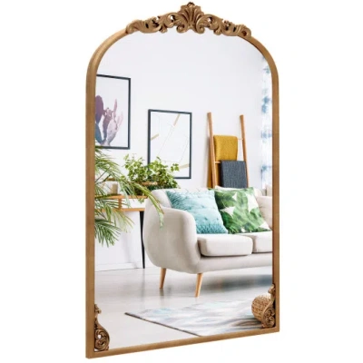 Costway Arched Mirror For Wall Gold Traditional Vintage Ornate Baroque Mirror With Metal Frame-m In Brown