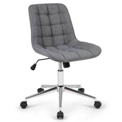 Costway Armless Office Chair Upholstered Makeup Vanity Chair With Adjustable Height And Wheels-grey In Gray