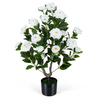 Costway Artificial Camellia Tree Faux Flower Plant In Cement-filled Pot-white In Green