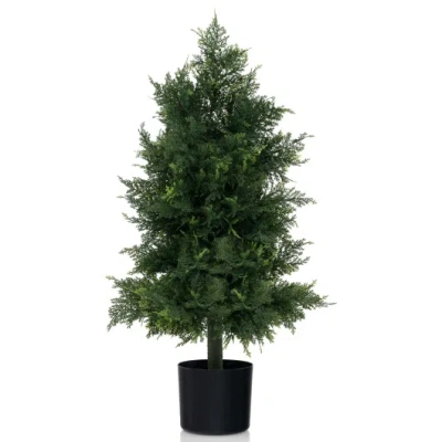 Costway Artificial Cedar Topiary Tree With Plastic Nursery Pot For Porch And Office In Green