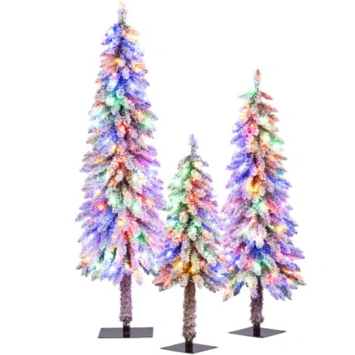 Costway Artificial Christmas Tree Set Of 3 With Snow-flocked Branch Tips In Pink