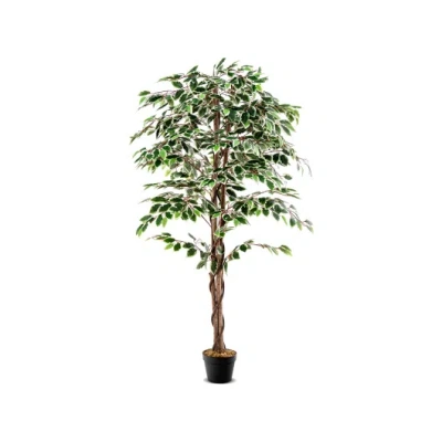 Costway Artificial Ficus Tree Tall Faux Indoor Plant With 1008 Leaves Nursery Pot And Dried Moss In Green