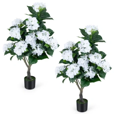Costway Artificial Hydrangea Tree Fake Floral Plant With 11 White Flowers-white In Green