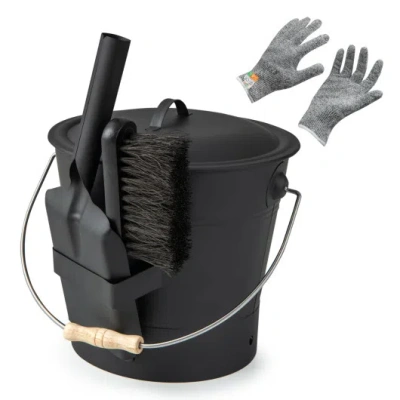 Costway Ash Bucket With Lid And Cut-resistant Gloves-black