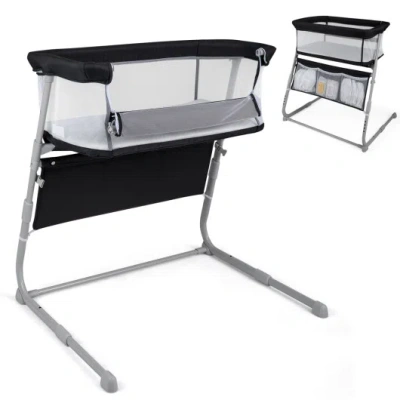 Costway Baby Bassinet Bedside Crib With Adjustable Height Comfy Mattress-black In Gray