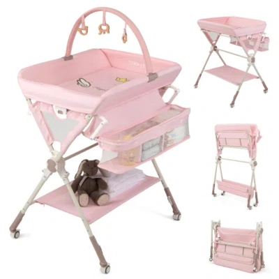 Costway Baby Changing Table Foldable Diaper Changing Station With Storage Bag And Shelf-pink