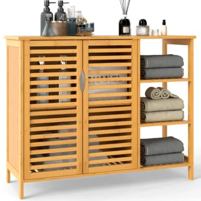 Costway Bamboo Bathroom Cabinet 2-door Storage Organizer With Shelves-natural In Brown