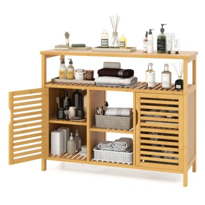 Costway Bamboo Bathroom Cabinet With Shelves And Doors-natural In Brown