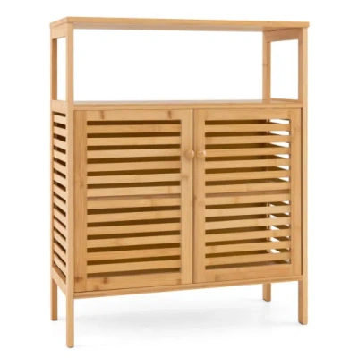 Costway Bamboo Bathroom Floor Storage Cabinet With Shutter Doors-natural In Brown
