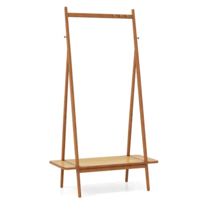 Costway Bamboo Clothes Rack With Hanging Rod Rattan Shelf And Copper Hooks-brown