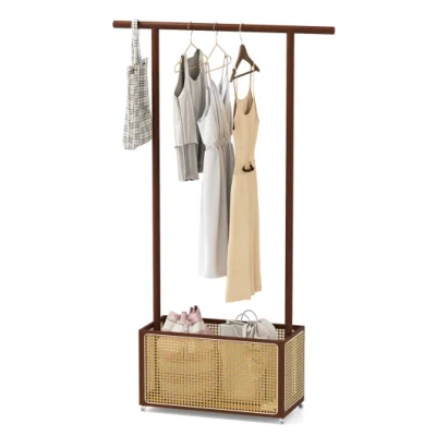 Costway Bamboo Clothes Rack With Rattan Storage Basket And Wheels-brown