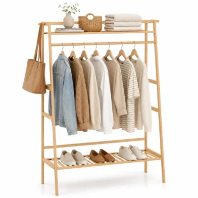 Costway Bamboo Clothing Garment Rack Freestanding Open Wardrobe Organizer With Hanging Rod-natural In Brown