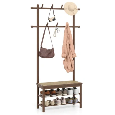Costway Bamboo Coat Rack Pe Rattan Hall Tree With Bench And Shoe Storage 3-in-1 Entryway Bench-brown