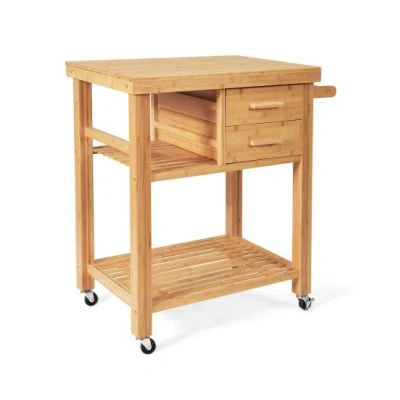 Costway Bamboo Kitchen Trolley Cart With Tower Rack And Drawers In Brown