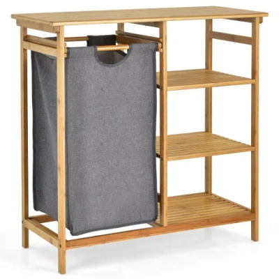 Costway Bamboo Laundry Hamper Stand With Removable Sliding Bag And 3-tier Open Shelves In Gray