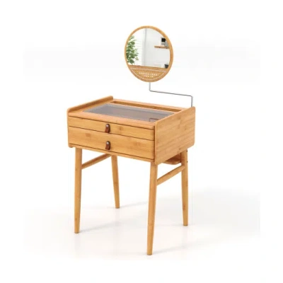Costway Bamboo Makeup Vanity Table With Mirror With 2 Storage Drawers-natural In Multi