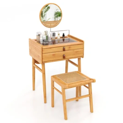 Costway Bamboo Makeup Vanity Table With Stool And Rotating Mirror In Multi