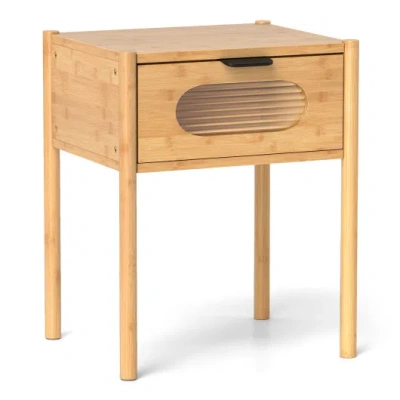 Costway Bamboo Nightstand Square Tall End Table With Decorated Drawer-natural In Brown