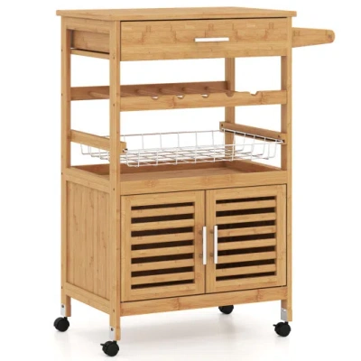 Costway Bamboo Rolling Kitchen Island Trolley With Storage Cabinet And Wine Rack-natural In Brown