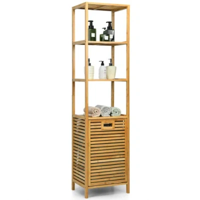 Costway Bamboo Tower Hamper Organizer With 3-tier Storage Shelves-natural In Brown