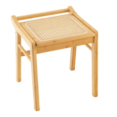 Costway Bamboo Vanity Stool With Rattan Top And Reinforcement Bar-natural In Multi
