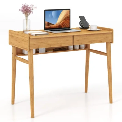 Costway Bamboo Writing Desk With 2 Storage Drawers And Open Shelf-natural In Brown