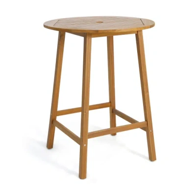 Costway Bar Height Table With Umbrella Hole And Slatted Tabletop For Outdoors In Brown