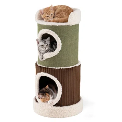 Costway Barrel Cat House With Top Perch & Double Condos And Stable Base Modern-green In Brown