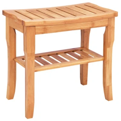 Costway Bathroom Bamboo Shower Chair Bench With Storage Shelf In Brown