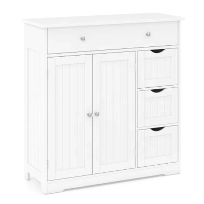 Costway Bathroom Floor Cabinet With 4 Drawers With 2 Doors And Adjustable Shelf-white In Multi