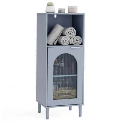 Costway Bathroom Floor Cabinet Wood Side Storage Organizer With Adjustable Shelf-gray In Blue