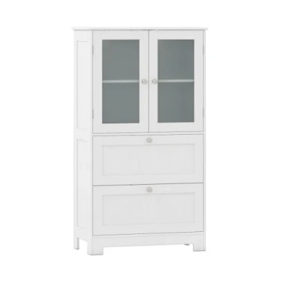 Costway Bathroom Floor Storage Cabinet Freestanding Cupboard Pantry With 2 Drawers And 2 Frosted Glass Doors In Animal Print