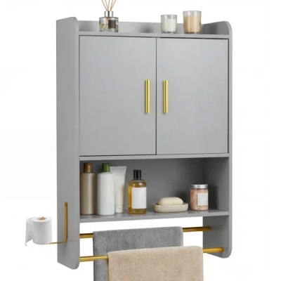 Costway Bathroom Wall Cabinet Wall Mounted Medicine Cabinet With Towel Bars-grey In Blue