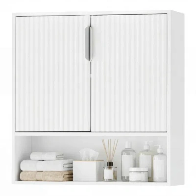 Costway Bathroom Wall Cabinet With 2 Fluted Doors And Open Cube And Adjustable Shelf-white
