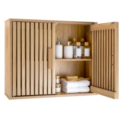 Costway Bathroom Wall Cabinet With 2 Slatted Doors And 3-level Adjustable Shelves-natural In Brown