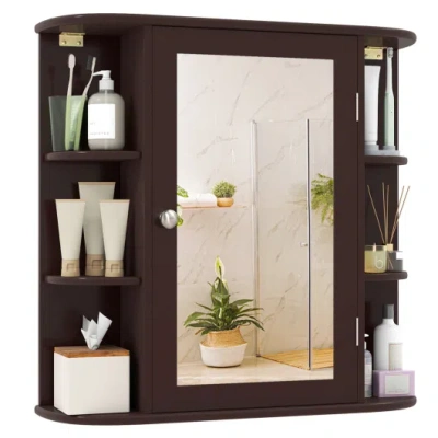 Costway Bathroom Wall Cabinet With Mirror Door 4 Internal Adjustable Shelves And 6 Side Open Shelves-brown