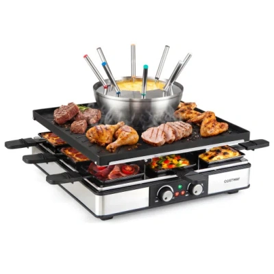 Costway Bbq Grill With Fondue Pot Set And Adjustable Thermostats For 8 People In Black
