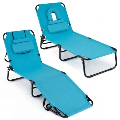 Costway Beach Chaise Lounge Chair With Face Hole And Removable Pillow-turquoise In Blue